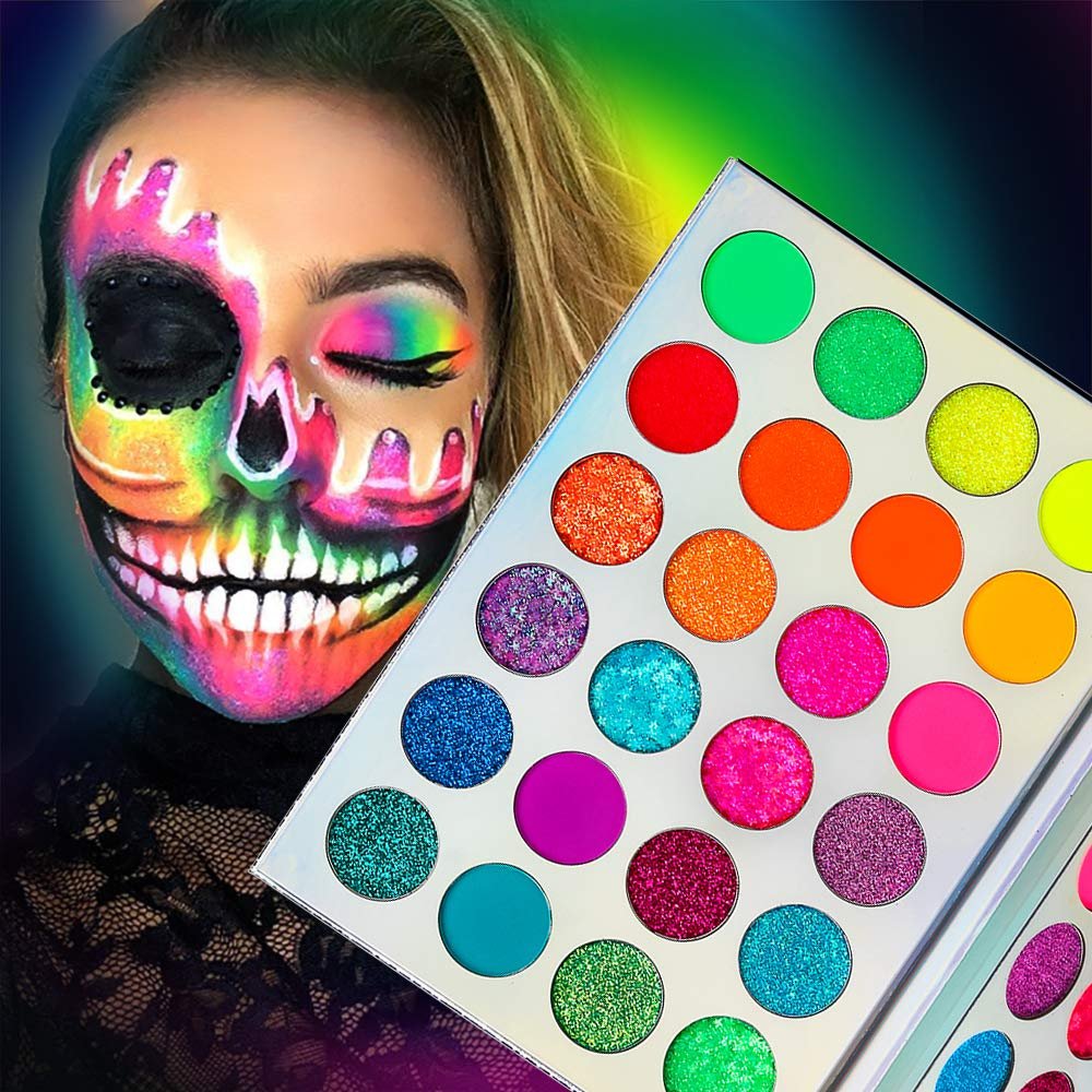 Afflano Neon Makeup Palette Eyeshadow, Glow in the Dark Colorful Eyeshadow Palette Highly Pigmented, Neon Party UV Blacklight Eye Shadow Pallet, Red Orange Pink Pressed Glitter Eyes Makeup Palette