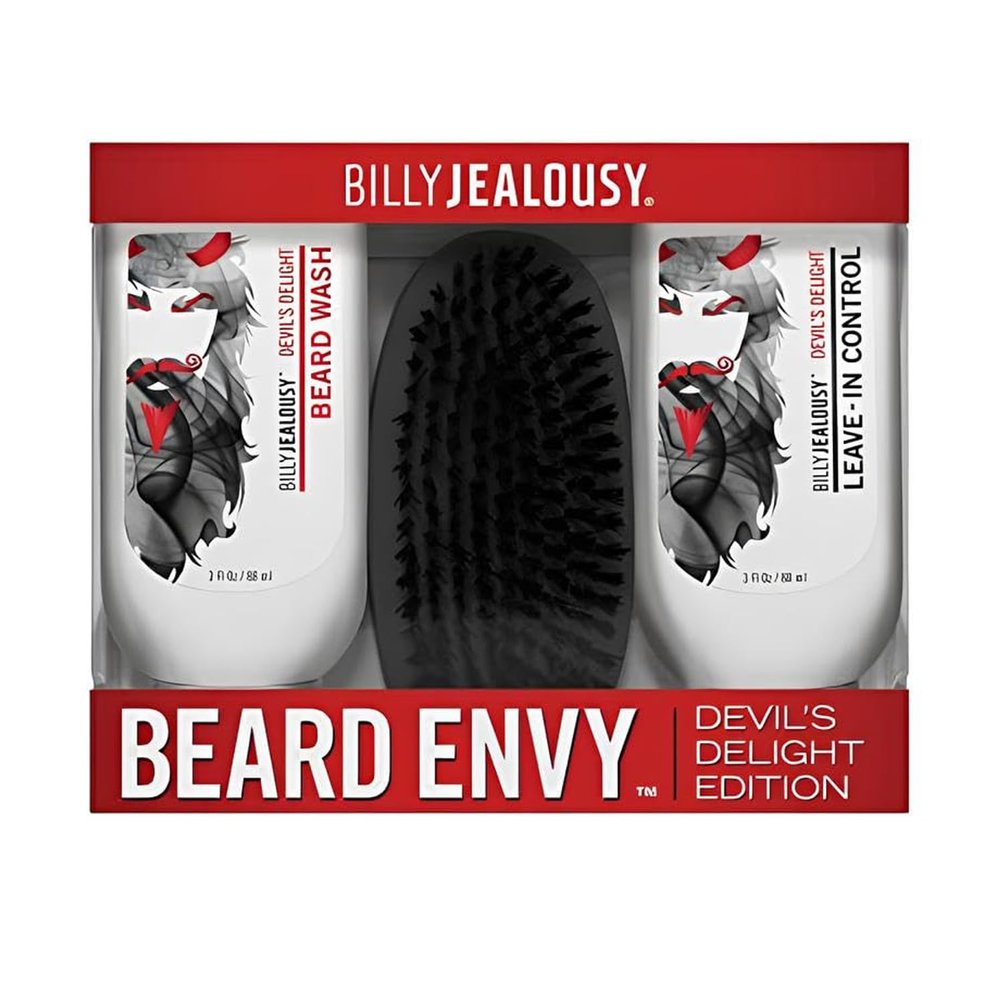 Billy Jealousy Devil's Delight Beard Envy Facial Hair Refining Kit with Beard Wash Facial Hair Control and Boar Bristle Brush for Clean, Hydrated, Soft, Tamed Unruly Mane