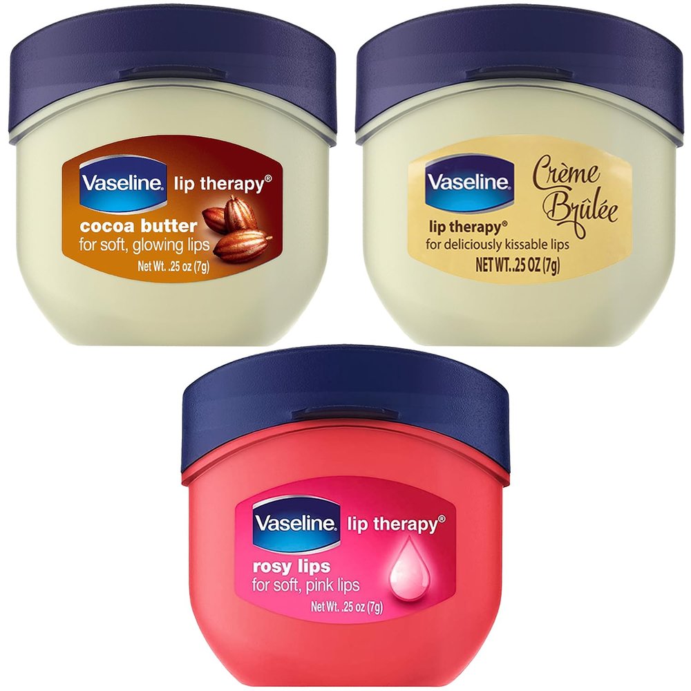 Vaseline Lip Therapy Variety 3-Pack  Crme Brle, Rosy Lips, Cocoa Butter Mini Lip Balms for Soft, Glowing, and Deliciously Kissable Lips, 0.25 Oz Ea
