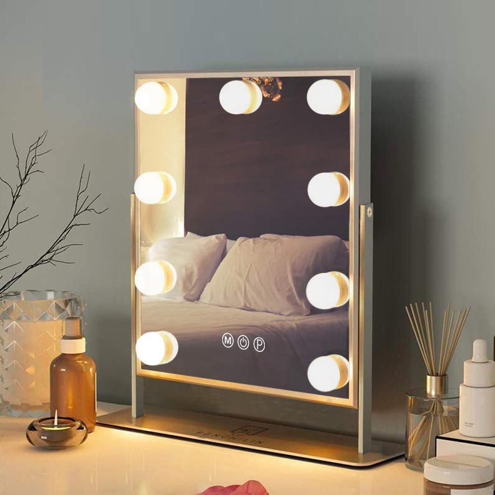 FENCHILIN Vanity Mirror with Light Lighted Makeup Mirror Vanity Makeup Mirror Smart Touch Control 3Colors Dimable Light Detachable 10X Magnification 360Rotation(White)
