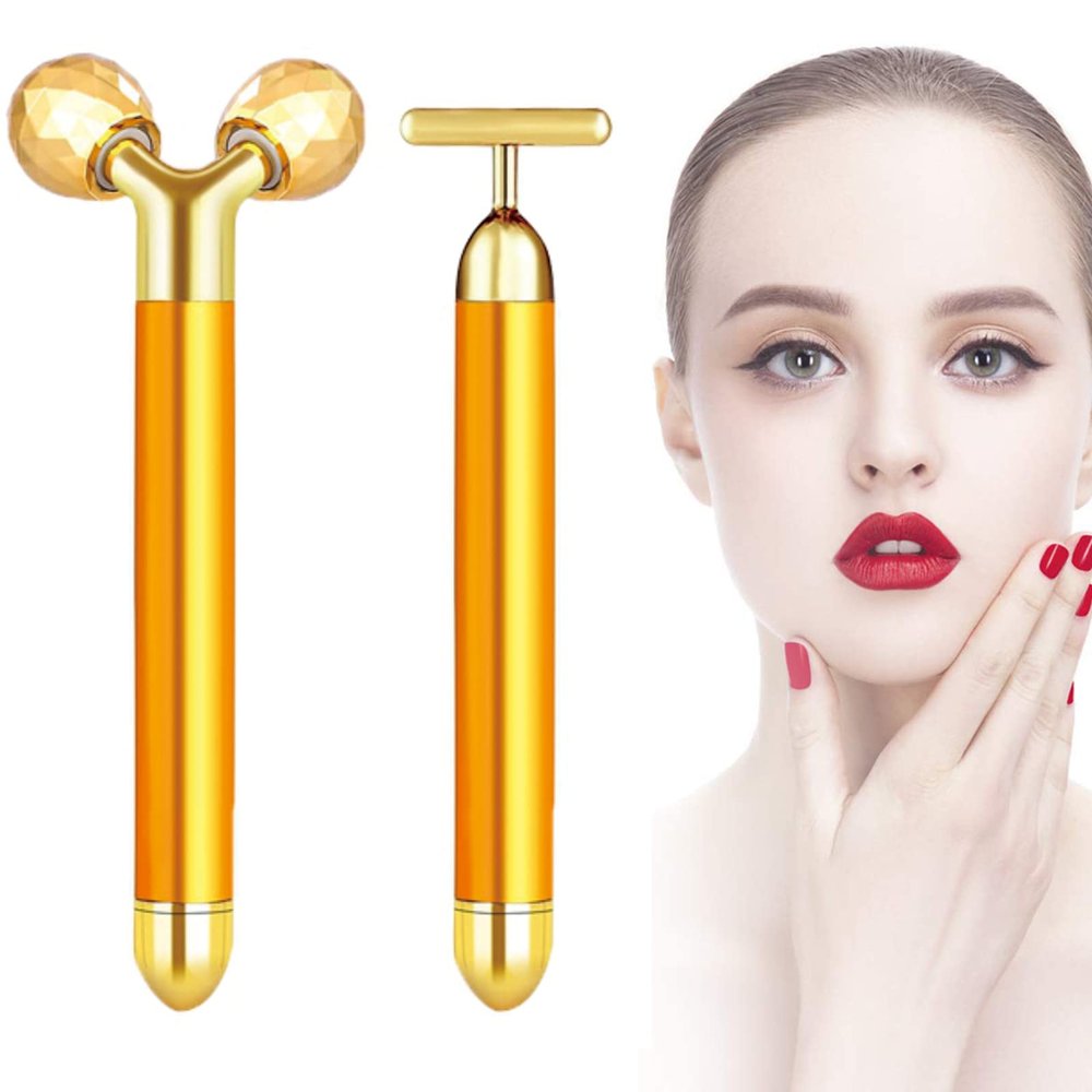 NUOMAN 2 in 1 Electric Face Massager Roller, Golden 3D Roller and T Shape Facial Roller Massager Kit