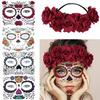 4 Kits Day of the Dead Sugar Skull Temporary Face Tattoo Makeup Tattoo for Men and Women with 1 Rose Red Flower Crown Headband for Halloween Costume view 1