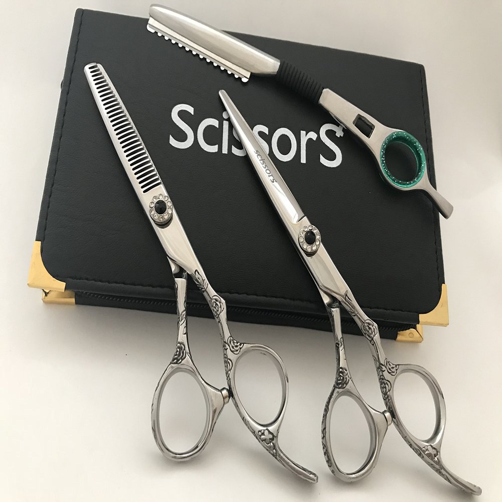 5.5" Professional Barber Razor Edge Silver Titanium Coated Hair Cutting and Texturizing Shears Scissors with Straight Razor Student Teacher Kit Set+case Black