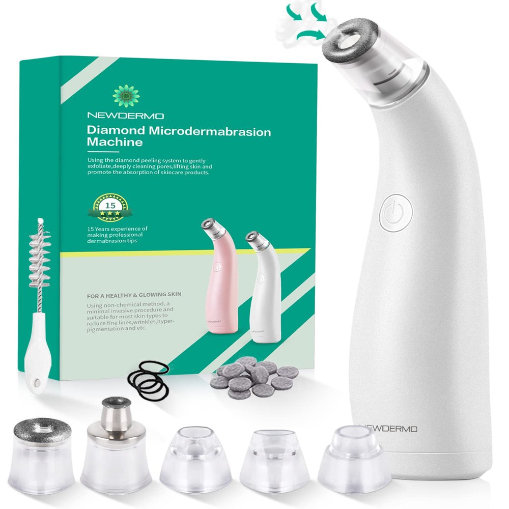 NEWDERMO 2-in-1 Microdermabrasion Machine for Facial, Diamond Microdermabrasion Device USB Rechargeable - Advanced Home Facial Treatment Machine (White)