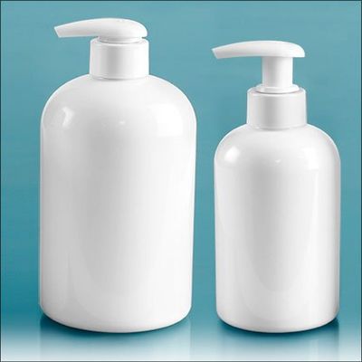 16 Oz. White Plastic Boston Rounds Bottles with 2 cc White Lotion Pumps (12 Bottles)