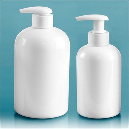 16 Oz. White Plastic Boston Rounds Bottles with 2 cc White Lotion Pumps (12 Bottles)