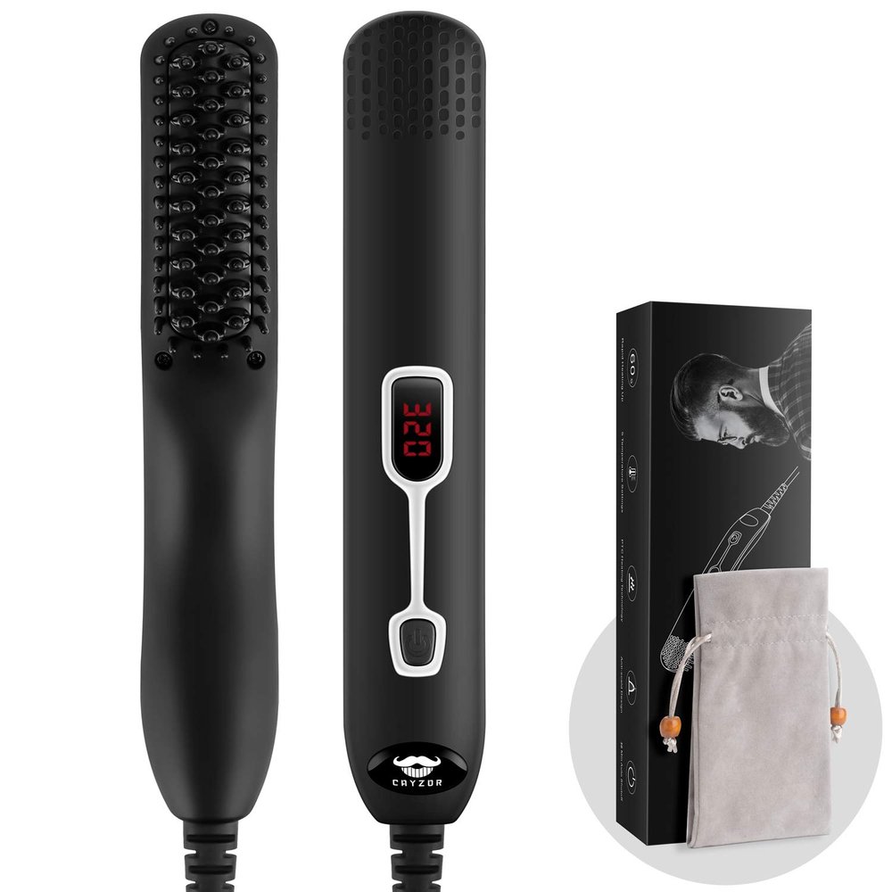 Cayzor Beard Straightener Comb for Men - Upgraded Professional Electric Mens Beard Straightening Heated Brush Portable Anti-Scald 5 Adjustable Temperatures & LCD Display with Carrying Bag