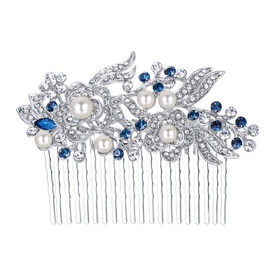 EVER FAITH Wedding Side Comb Rhinestone Pearl Bride Hair Accessories Flower Vine Headpiece for Bridesmaids Blue Silver-Tone