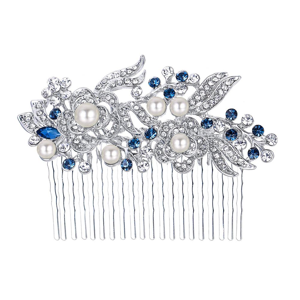 EVER FAITH Wedding Side Comb Rhinestone Pearl Bride Hair Accessories Flower Vine Headpiece for Bridesmaids Blue Silver-Tone