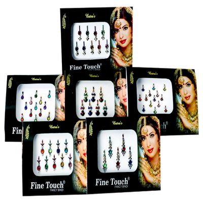6 Packs- 42 Multicolored Face Jewels Mix n Match All Size/Multicolored/Long n Small Forehead Tika
