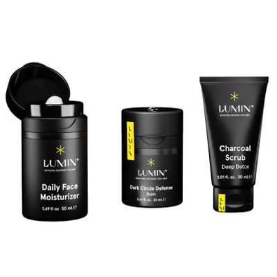 Lumin Boss Trio Skincare Set for Men Face Scrub, Eye Balm & Daily Moisturizer Kit, Korean Skincare Routine for Men.