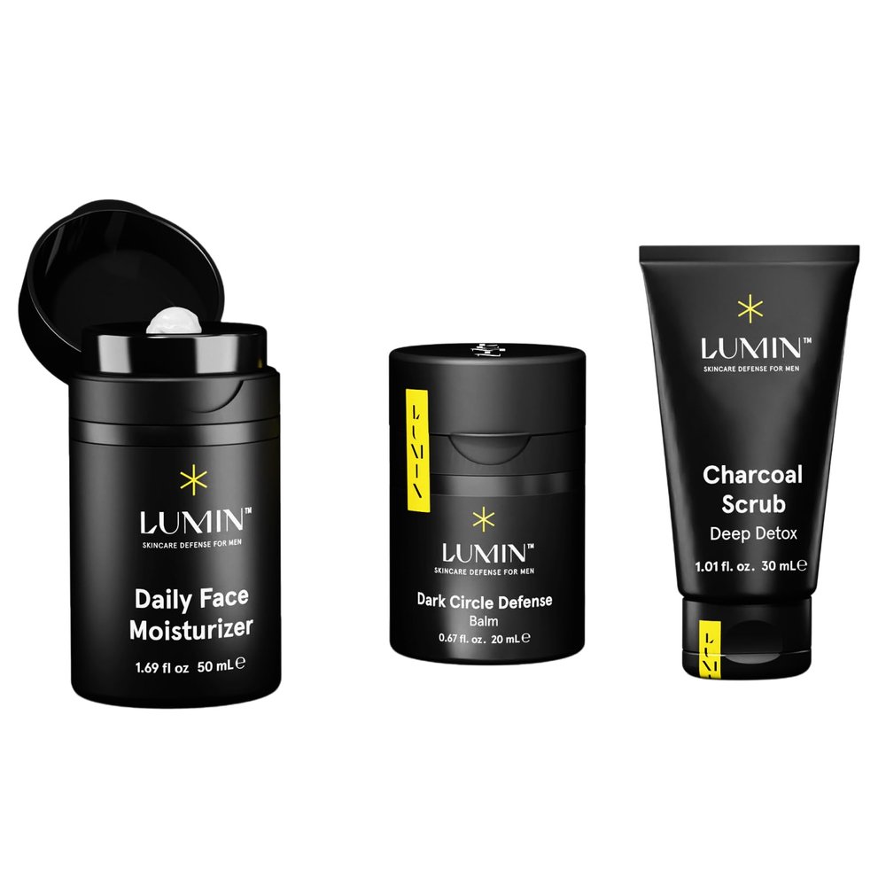 Lumin Boss Trio Skincare Set for Men Face Scrub, Eye Balm & Daily Moisturizer Kit, Korean Skincare Routine for Men.