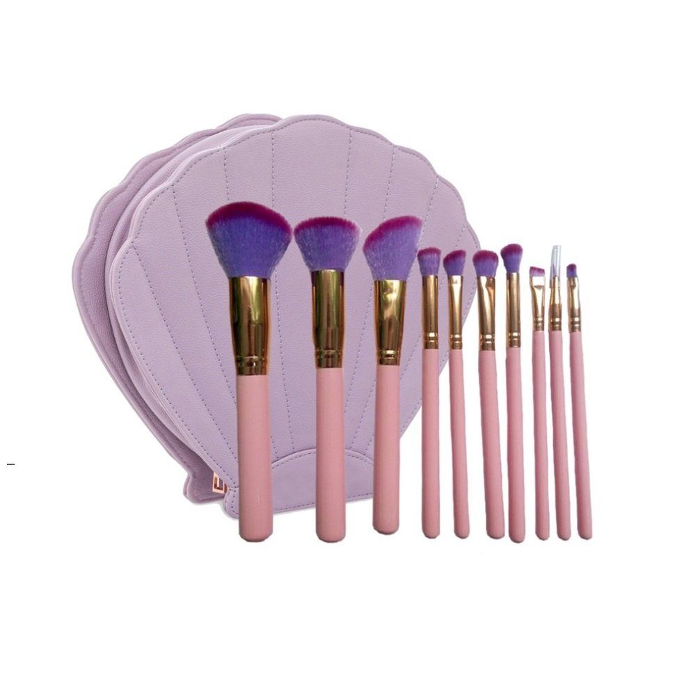 10 pcs Mermaid Blush Cosmetic Brushes Kit Powder Brushes With Shell Cosmetic Bag (Pink Gold)