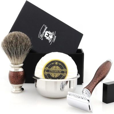 Complete Old School Shaving Set >Pure Black Badger Brush, DE Safety (Blades Not Included), Engraved Bowl & Soap