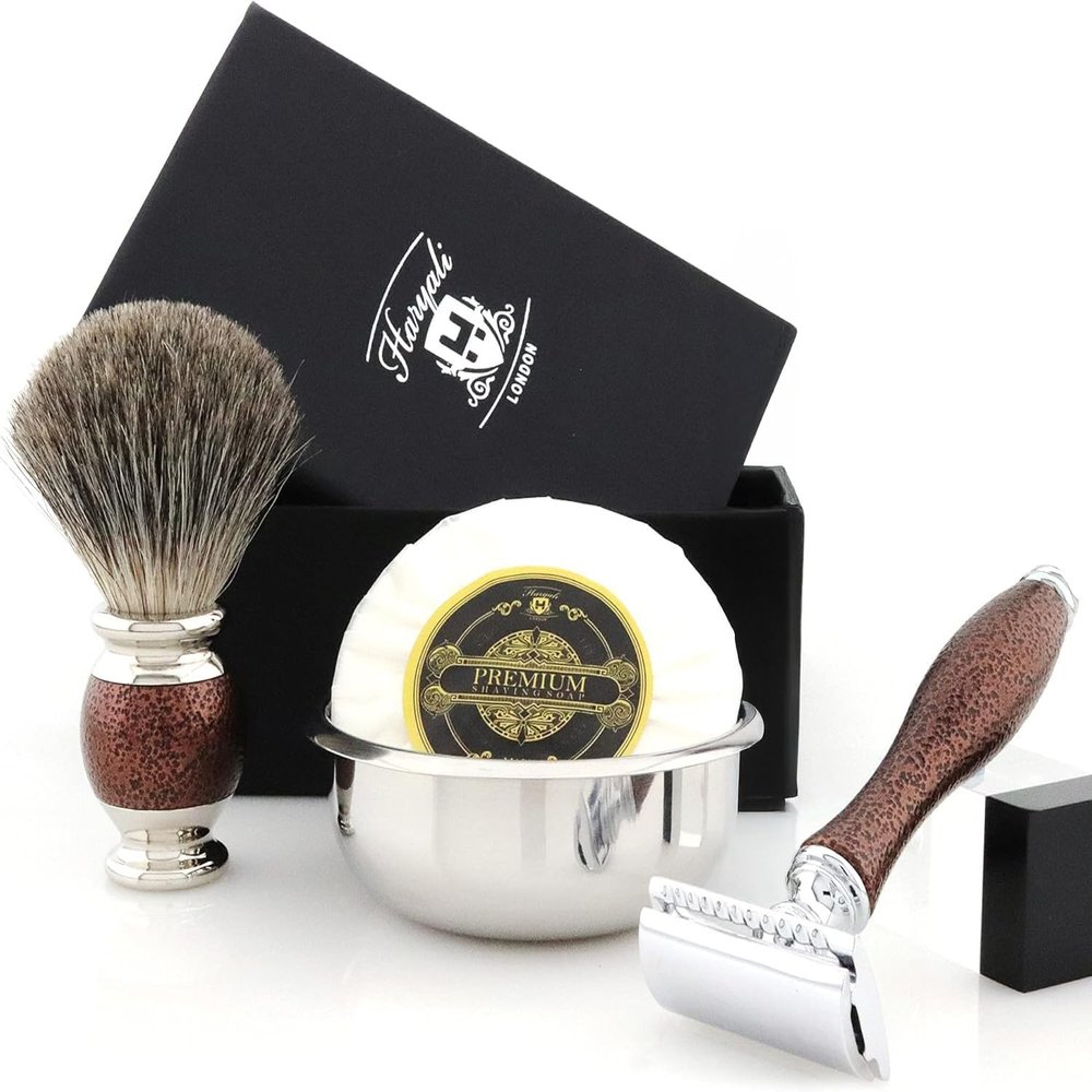 Complete Old School Shaving Set >Pure Black Badger Brush, DE Safety (Blades Not Included), Engraved Bowl & Soap