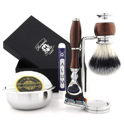 Haryali London 6 Pc Mens Shaving Kit 5 Edge Razor With Synthetic Badger Hair Shaving Brush, Stand, Soap, Bowl and Alum Perfect Set For Men