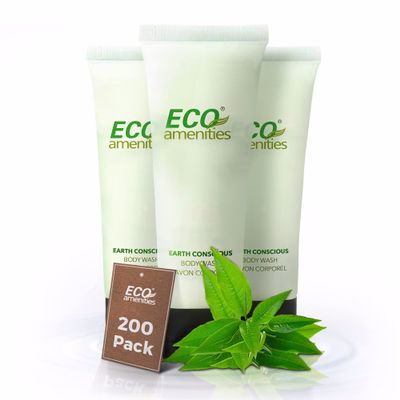 ECO Amenities Travel Size 1oz Body Wash (BULK 200 Pack) - 30ml Bulk Hotel Body Wash Supplies for Guests - Green Tea Scent Eco body wash for woman, Body wash for men, Biodegradable Container