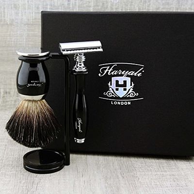 Classic Old-School Men's Shaving Set >Pure Black Badger Brush, DE Safety (Blades NOT Included) & Dual Stand|Gift for Him