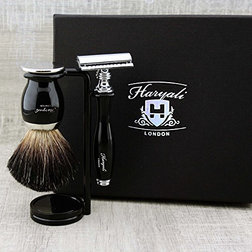 Classic Old-School Men's Shaving Set >Pure Black Badger Brush, DE Safety (Blades NOT Included) & Dual Stand|Gift for Him