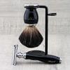 Classic Old-School Men's Shaving Set >Pure Black Badger Brush, DE Safety (Blades NOT Included) & Dual Stand|Gift for Him view 2