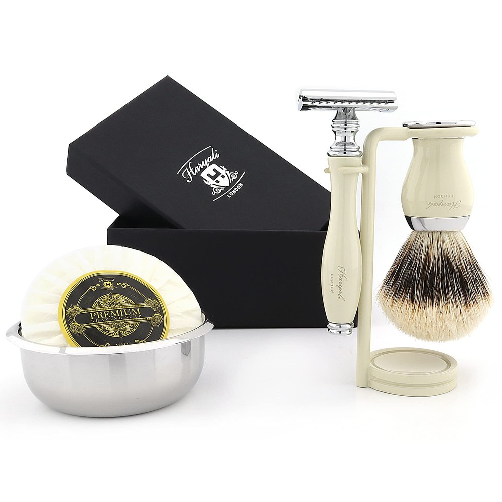 Complete 5Pcs Classic Men's Shaving Set |Top Grade Silver Tip Brush, DE Safety (Blades Not Inc), Dual Stand, Bowl & Soap