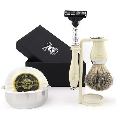Haryali London 5 Pc Mens Shaving Kit 3 Edge Razor with Black Badger Hair Shaving Brush, Razor Stand, Soap and Stand Perfect Set for Men