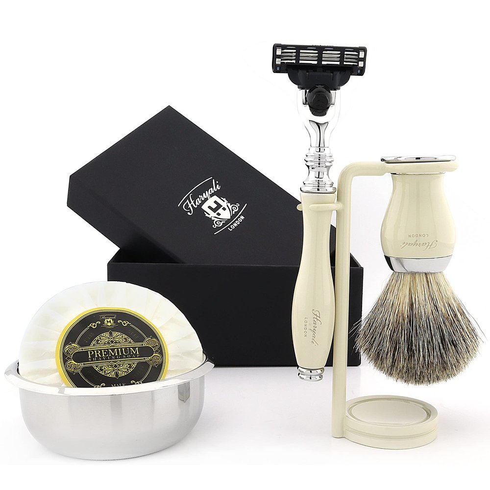 Haryali London 5 Pc Mens Shaving Kit 3 Edge Razor with Black Badger Hair Shaving Brush, Razor Stand, Soap and Stand Perfect Set for Men