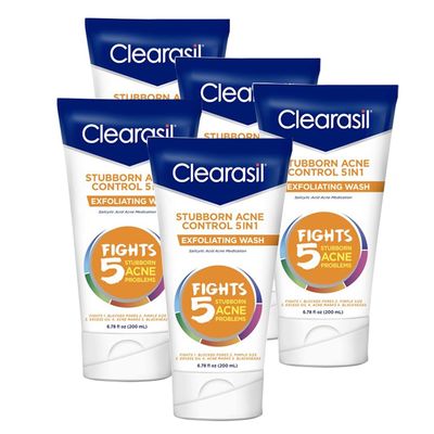 Clearasil Stubborn Acne Control 5in1 Exfoliating Wash 6.78 fl. oz., Reduces Blocked Pores, Pimple S (Pack of 5),6.78 Fl Oz (Pack of 5)