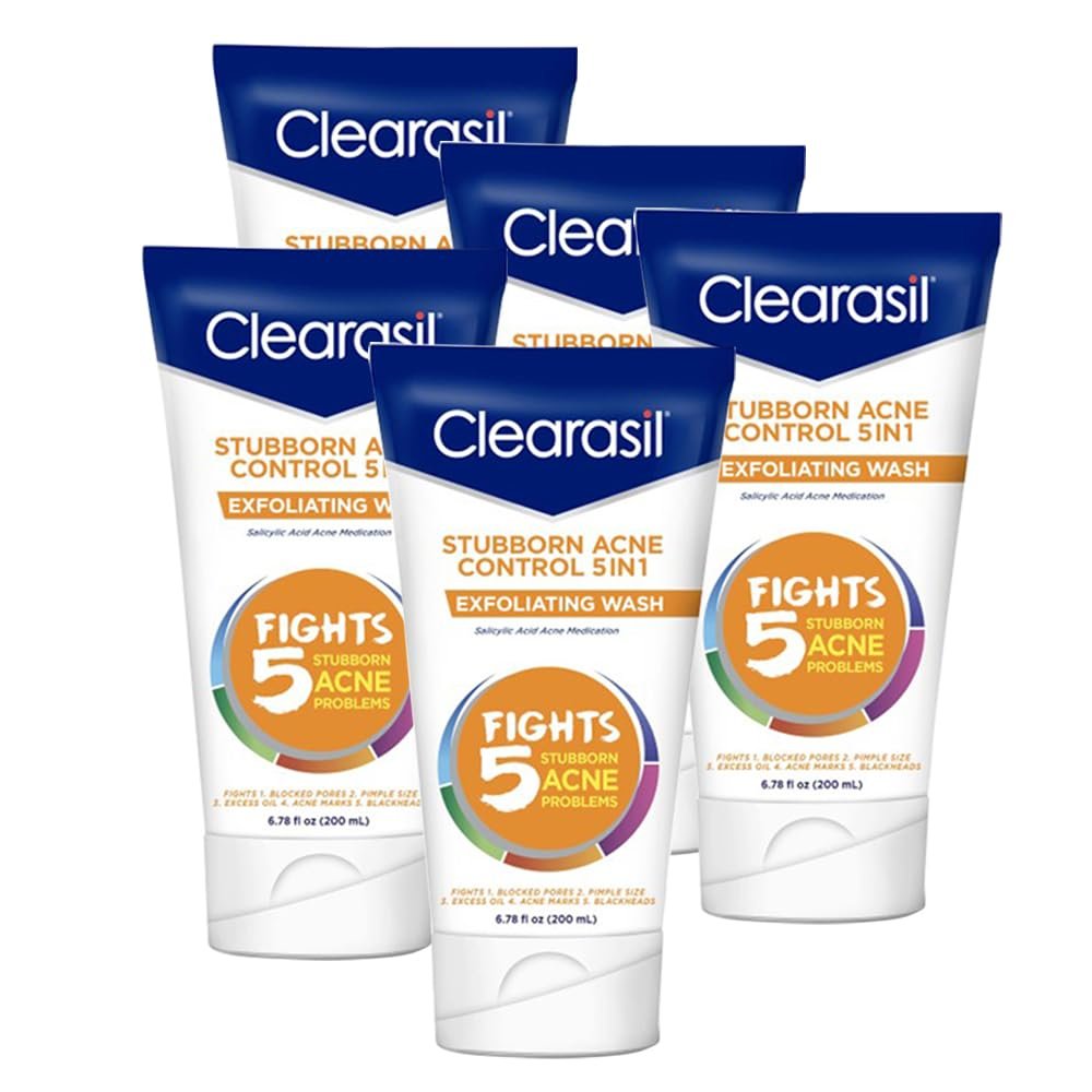 Clearasil Stubborn Acne Control 5in1 Exfoliating Wash 6.78 fl. oz., Reduces Blocked Pores, Pimple S (Pack of 5),6.78 Fl Oz (Pack of 5)