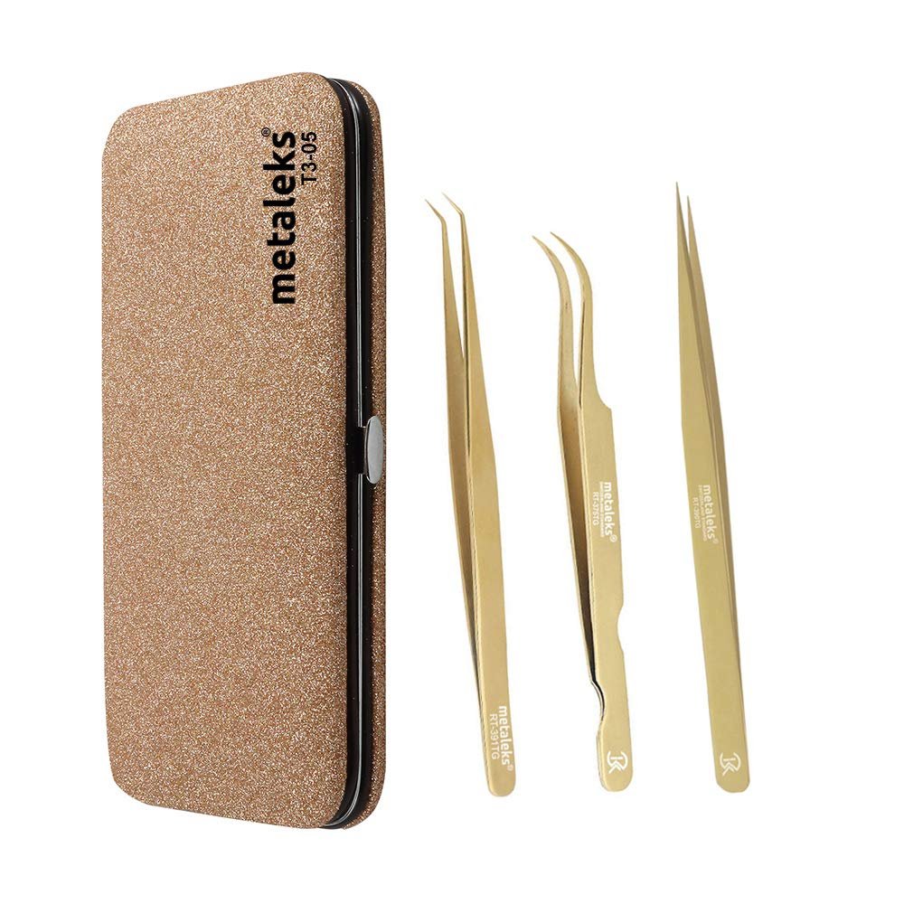 3 Pcs Russian Volume Japanese Stainless Steel Tweezers for Eyelash Extension (Golden Titanium Coated)