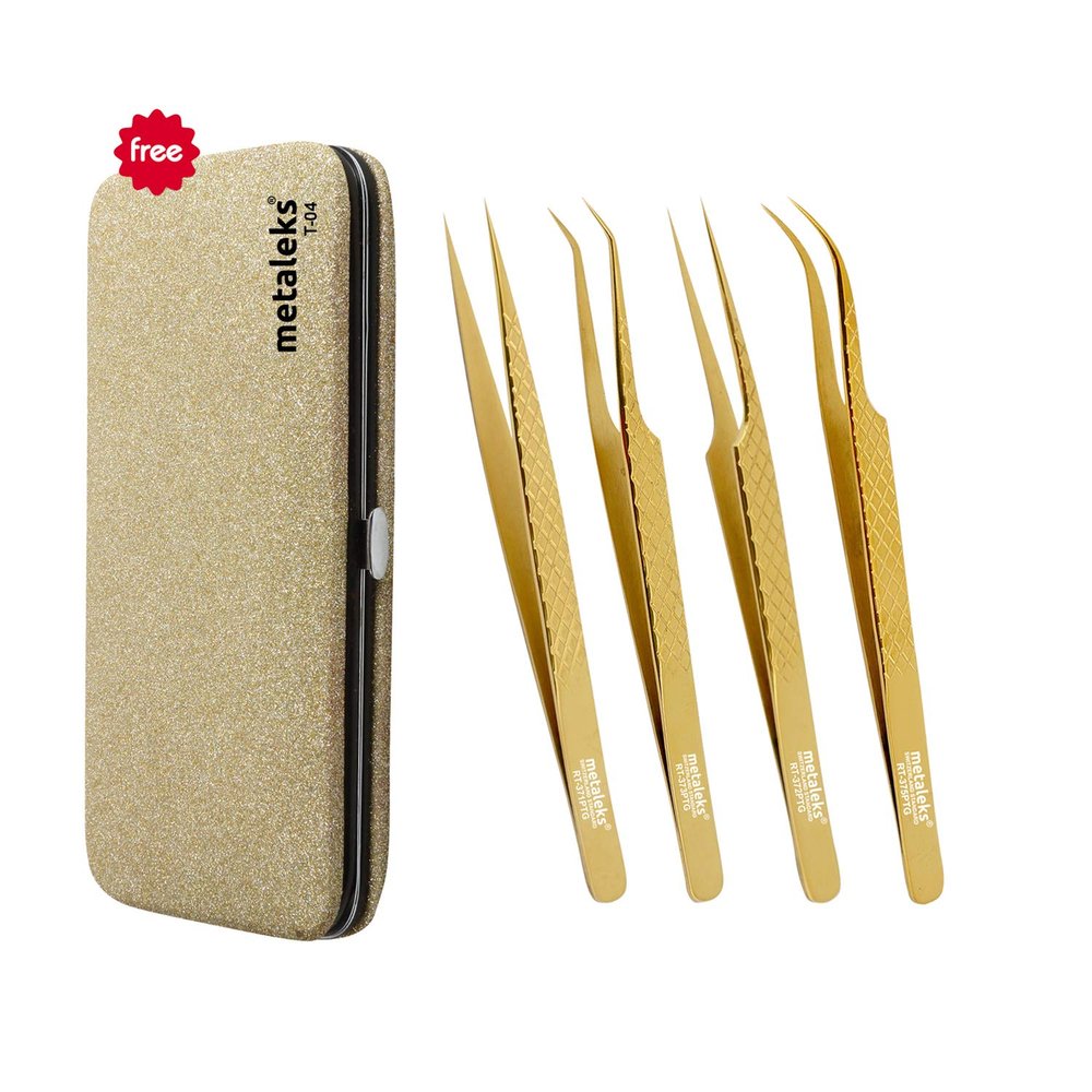 4PCS - 14CM Golden Titanium Coated Eyelash Extension Tweezers With Golden Glitter Elastic Kit - Made of Japanese Stainless Steel