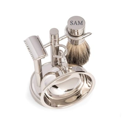Bey-Berk Custom Personalzied Shaving set with Safety Razor and pure badger brush with soap dish on chrome stand