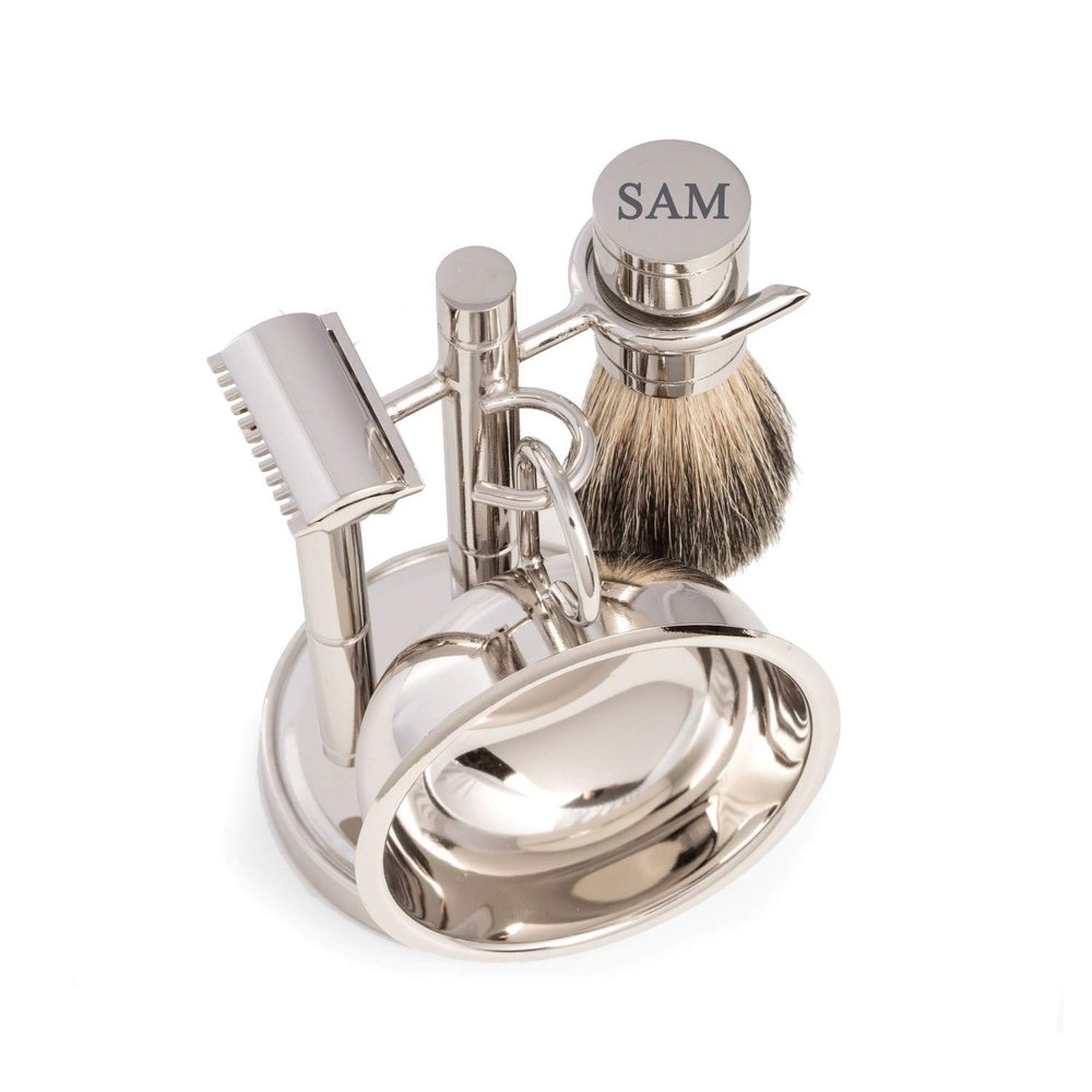 Bey-Berk Custom Personalzied Shaving set with Safety Razor and pure badger brush with soap dish on chrome stand