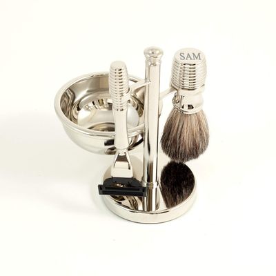 Bey-Berk Personalized Chrome Plated Shaving Set, 4-Piece Razor and Pure Badger Brush with Soap Bowl and Stand, Compatible Blades, Tarnish-Resistant Silver Wet Shaving Kit for Men