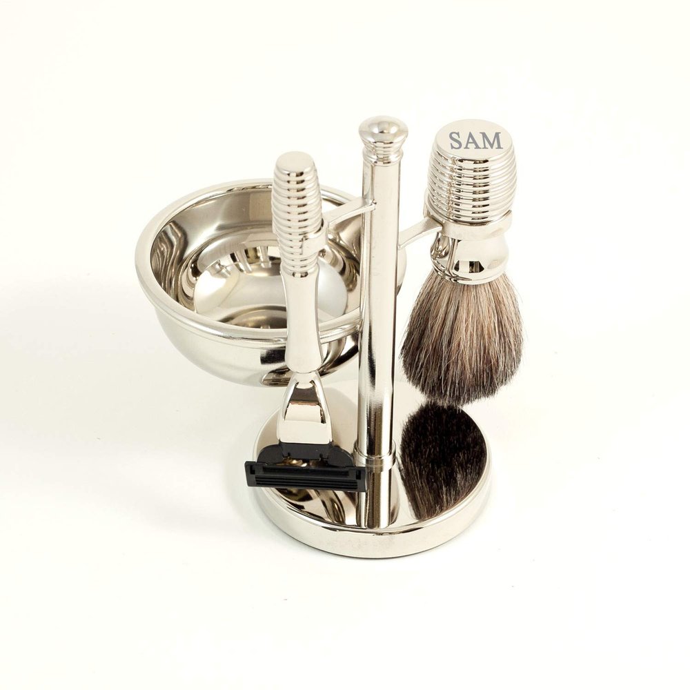 Bey-Berk Personalized Chrome Plated Shaving Set, 4-Piece Razor and Pure Badger Brush with Soap Bowl and Stand, Compatible Blades, Tarnish-Resistant Silver Wet Shaving Kit for Men