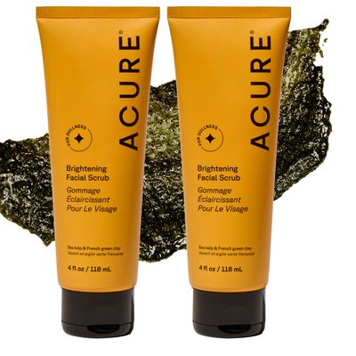 Acure Brightening Facial Scrub - Exfoliating Face Wash, Gentle Daily Scrubber & Exfoliator for Women & Men for Radiant Skin, Cleansing Wash with Sea Kelp & French Green Clay - 4 fl oz (2 Pack)