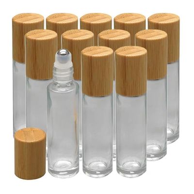 12Pcs 10ml Glass Roll On Bottle with Bamboo Lid for Essential Oils, Creatiee Eco-friendly Refillable Clear Perfume Sample Bottles with Stainless Steel Roller Ball - Portable & Practical