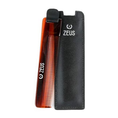 ZEUS Pocket Beard Comb with Leather Sheath, Handmade Saw-Cut Pocket Beard & Mustache Comb with Travel Storing Case (U11)
