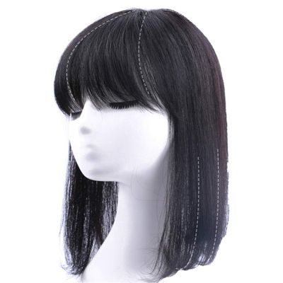 100% Human Hair Crown Bang Topper 4"x4.3" Mono Top Clip in Bob Hair Toppers Toupee Hair Pieces for Women, 16" Dark Brown