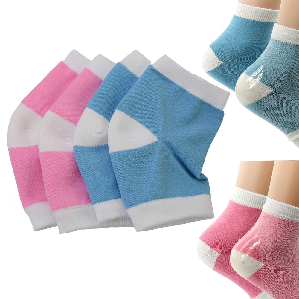 Makhry 2 Pairs Moisturizing Silicone Gel Heel Socks for Dry Hard Cracked Skin Open Toe Comfy Recovery Socks Day Night Care(Pink&Blue)