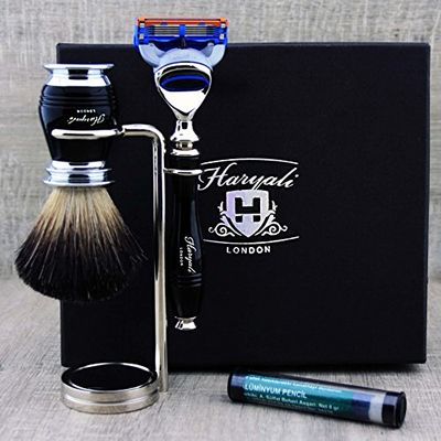 3 PCS Classic Men's Shaving Set >Pure Black Badger Brush, 5 Edge Cartridge Compatible Razor & Chrome Dual Stand| Grooming Kit Gift for Him