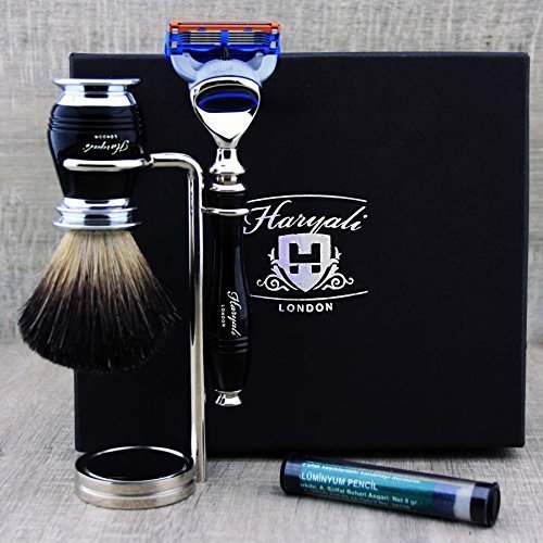 3 PCS Classic Men's Shaving Set >Pure Black Badger Brush, 5 Edge Cartridge Compatible Razor & Chrome Dual Stand| Grooming Kit Gift for Him