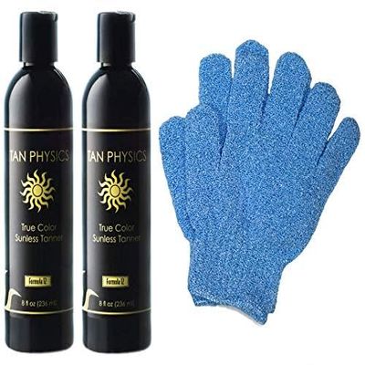 Tan Physics Sunless Tanner 8oz (Pack of 2) with Exfoliation Gloves  Self Tanning Lotion  Instant Tanning Lotion for Face & Body  Natural Self Tanner for a Streak-Free,Long-Lasting Glow