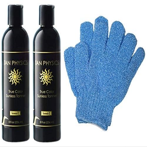 Tan Physics Sunless Tanner 8oz (Pack of 2) with Exfoliation Gloves  Self Tanning Lotion  Instant Tanning Lotion for Face & Body  Natural Self Tanner for a Streak-Free,Long-Lasting Glow